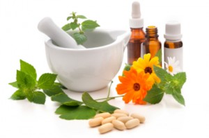 Healing herbs and amortar. Alternative medicine concept